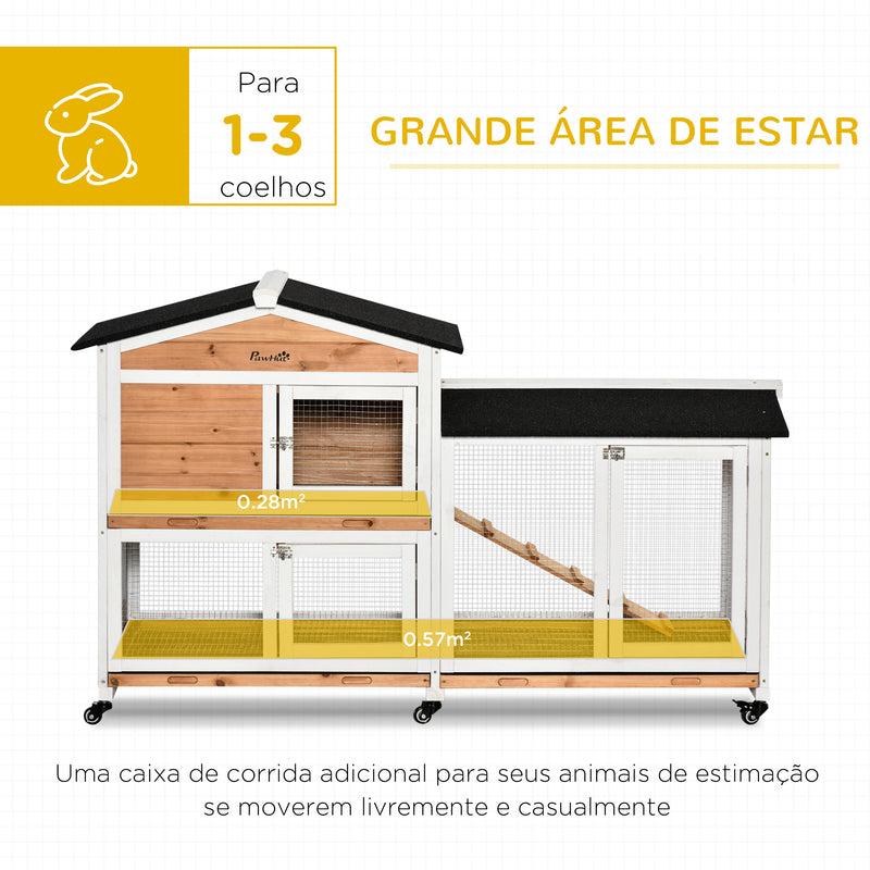 Coelheira de Madeira 157,4x53x99,5 cm Gaiola para Coelhos Grande com Rodas Telhado Asfáltico Tabuleiro Removível e Rampa para Exterior Natural