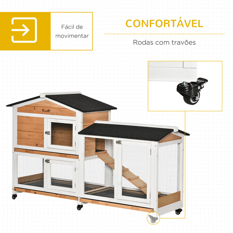 Coelheira de Madeira 157,4x53x99,5 cm Gaiola para Coelhos Grande com Rodas Telhado Asfáltico Tabuleiro Removível e Rampa para Exterior Natural