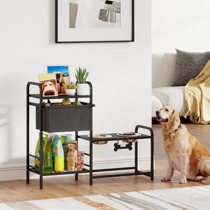 Comedouro Elevado para Cães com Gaveta em Tecido 2 Taças de Aço Inoxidável 2x800 ml Altura Ajustável 2 Prateleiras para Cães Pequenos e Médios 89,5x27x74 cm Preto