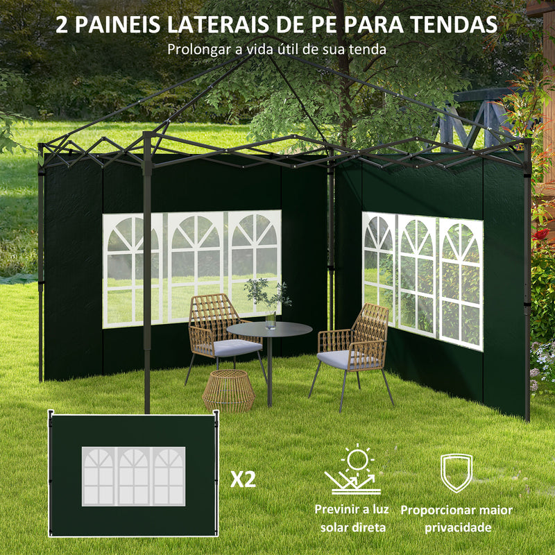 Conjunto de 2 Paredes Laterais para Tendas de 3x3m e 3x6m Paredes Laterais para Tendas com Janelas Transparentes 293x193cm Verde Escuro