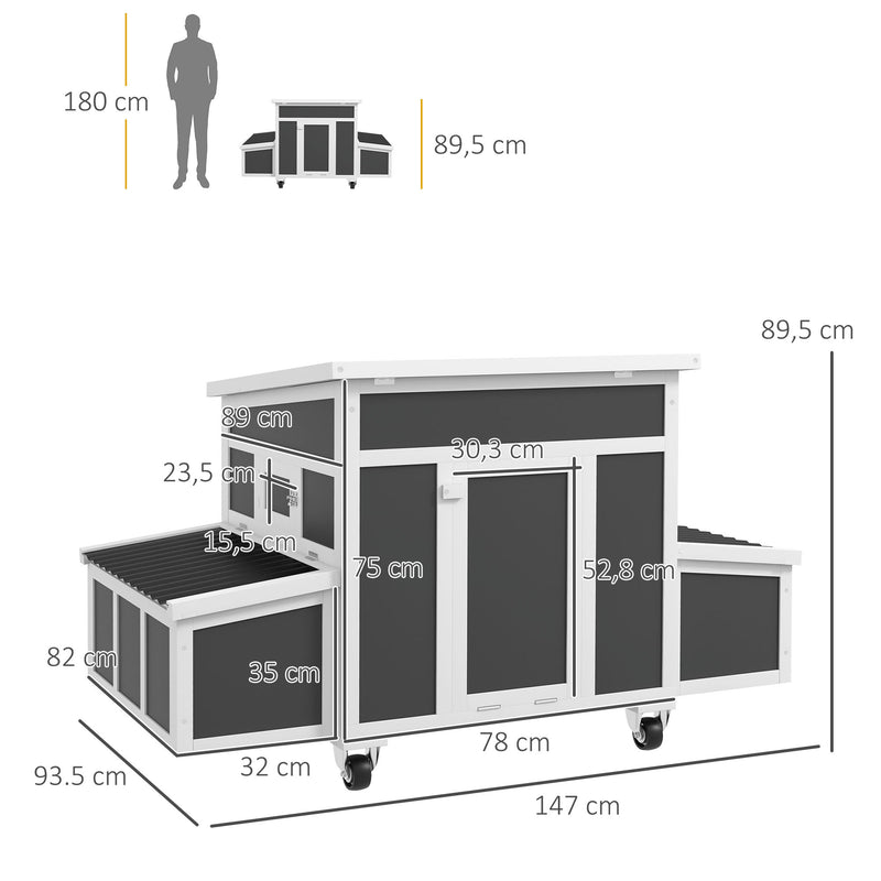 Galinheiro de Madeira 147x93,5x89,5 cm Galinheiro para Exterior com Janela Porta Ninho Tabuleiro Amovível e Poleiros Gaiola para 6 Galinhas Cinza