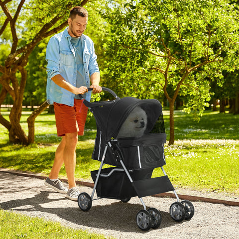 Carrinho de Passeio para Animais de Estimação Carrinho para Cães e Gatos Dobrável com Capô Ajustável Cesta de Armazenamento Suporte para Copos e Travão 75x45x97 cm Preto