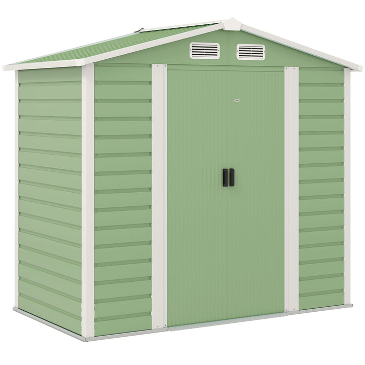 Abrigo de Jardim Exterior 2,36m² 213x120x194 cm Abrigo de Exterior com Base Reforçada (Piso NÃO Incluído) Portas de Correr Duplas Fechadura Janelas Verde Claro
