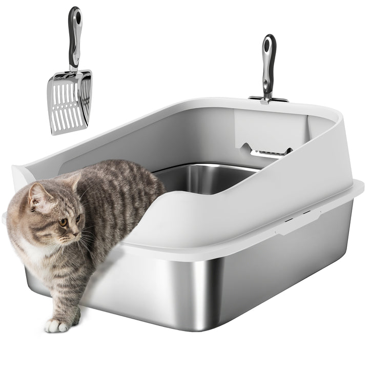 Caixa de Areia XL para Gatos em Aço Inoxidável Bordas Altas Pá Metálica Fácil de Limpar Antifugas 60,2x40,2x29,7 cm Cinzento