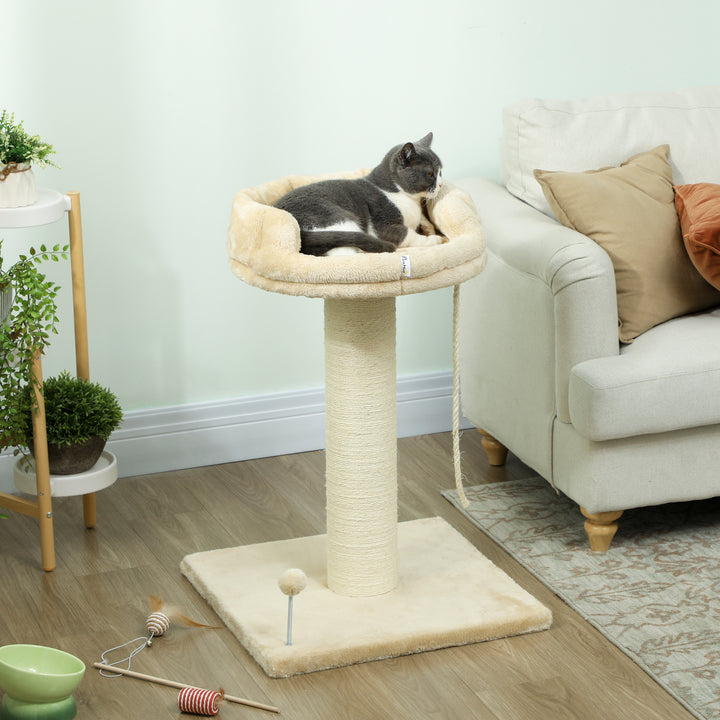 Arranhador para Gatos Mini Arranhador para Gatos de 2 Níveis com Plataforma Bola com Mola Corda Suspensa e Poste de Sisal 55x55x83 cm Bege