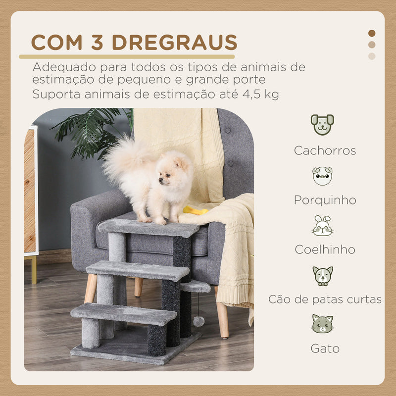 Escada para Animais de Estimação Escada para Gatos de 3 Degraus com Poste de Arranhar Bola Escada para Animais de Estimação 45x40x48 cm Cinza