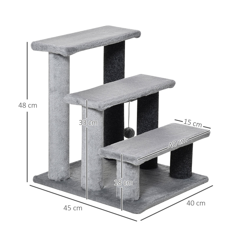 Escada para Animais de Estimação Escada para Gatos de 3 Degraus com Poste de Arranhar Bola Escada para Animais de Estimação 45x40x48 cm Cinza