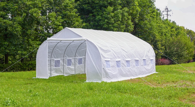 Estufa de Túnel 595x300x200cm Estufa de Jardim Grande com 12 Janelas e Porta Enrolável com Zíper para Cultivo de Plantas Branco