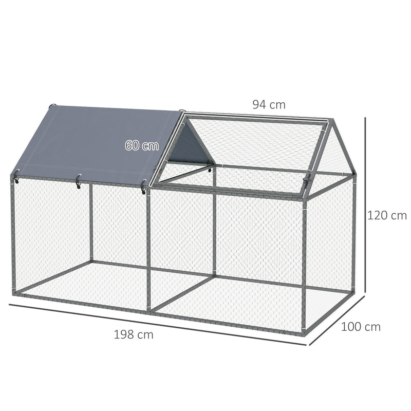 Gaiola para Pequenos Animais Parque para Animais de Estimação de Aço com 1 Porta Superior e Cobertura Anti-UV para Exterior Jardim 198x100x120 cm Prata