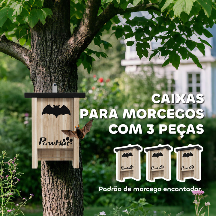 Conjunto de 3 Refúgios para Morcegos Caixas de Madeira para Exterior, Jardim Horta ou Quinta com Plataforma de Aterragem e Fácil de Pendurar 18x6x22,5 cm
