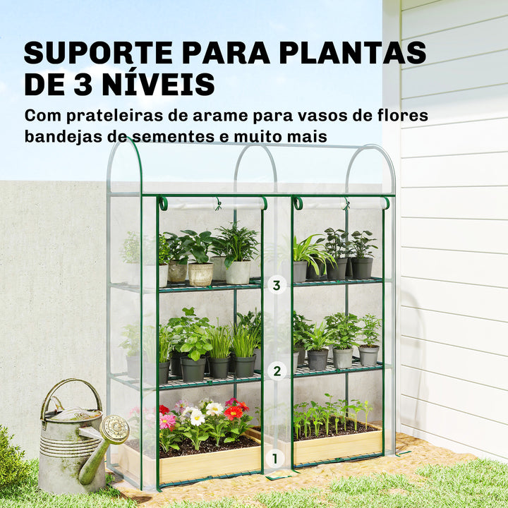 Estufa Pequena de 3 Níveis Estufa Exterior com 2 Portas Enroláveis Estrutura de Aço e Cobertura de Plástico Anti-UV para Cultivar Plantas Flores 143x46x164 cm Transparente