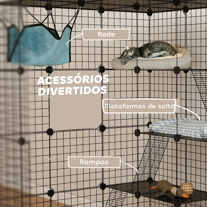 Gaiola Grande para Gatos de Interior Recinto para Gatos de 4 Níveis com 5 Portas 3 Plataformas de Salto 3 Rampas Rede, Parque para Animais 105x105x140 cm Preto
