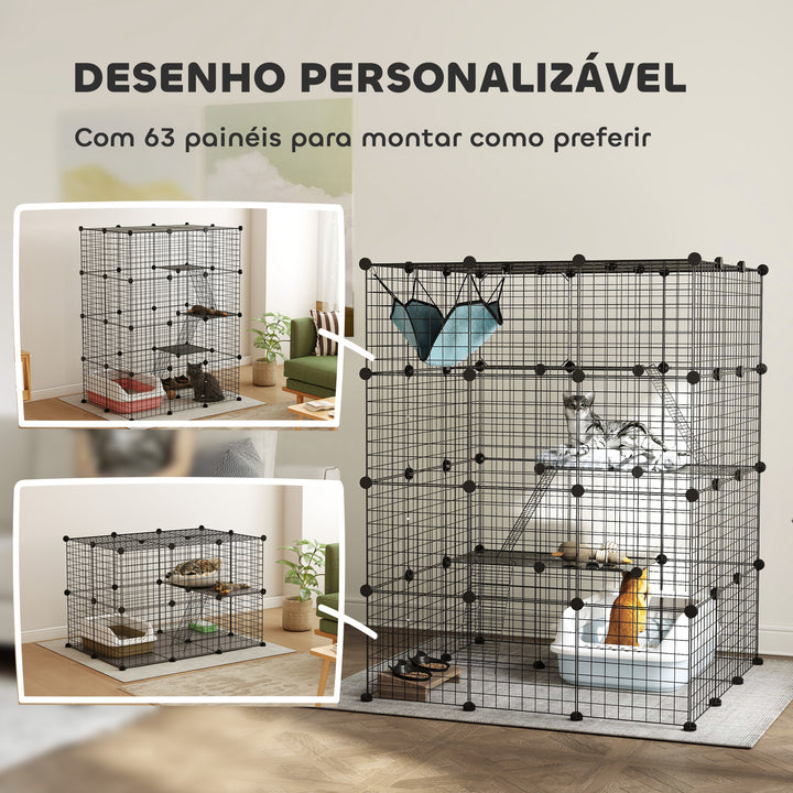 Gaiola Grande para Gatos de Interior Recinto para Gatos de 4 Níveis com 5 Portas 3 Plataformas de Salto 3 Rampas Rede, Parque para Animais 105x105x140 cm Preto