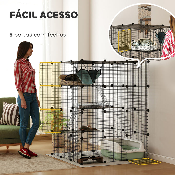 Gaiola Grande para Gatos de Interior Recinto para Gatos de 4 Níveis com 5 Portas 3 Plataformas de Salto 3 Rampas Rede, Parque para Animais 105x105x140 cm Preto