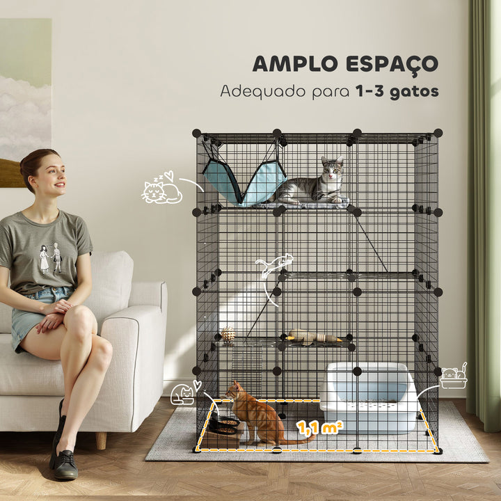 Gaiola Grande para Gatos de Interior Recinto para Gatos de 4 Níveis com 5 Portas 3 Plataformas de Salto 3 Rampas Rede, Parque para Animais 105x105x140 cm Preto