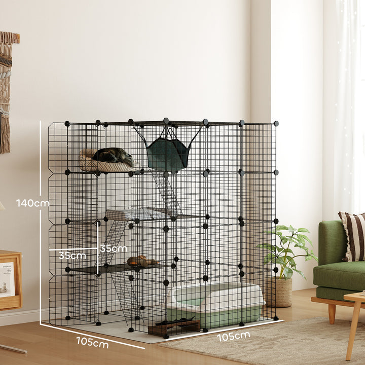 Gaiola Grande para Gatos de Interior Recinto para Gatos de 4 Níveis com 5 Portas 3 Plataformas de Salto 3 Rampas Rede, Parque para Animais 105x105x140 cm Preto