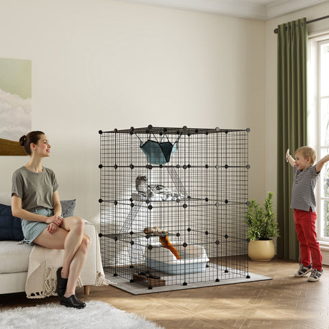 Gaiola Grande para Gatos de Interior Recinto para Gatos de 4 Níveis com 5 Portas 3 Plataformas de Salto 3 Rampas Rede, Parque para Animais 105x105x140 cm Preto
