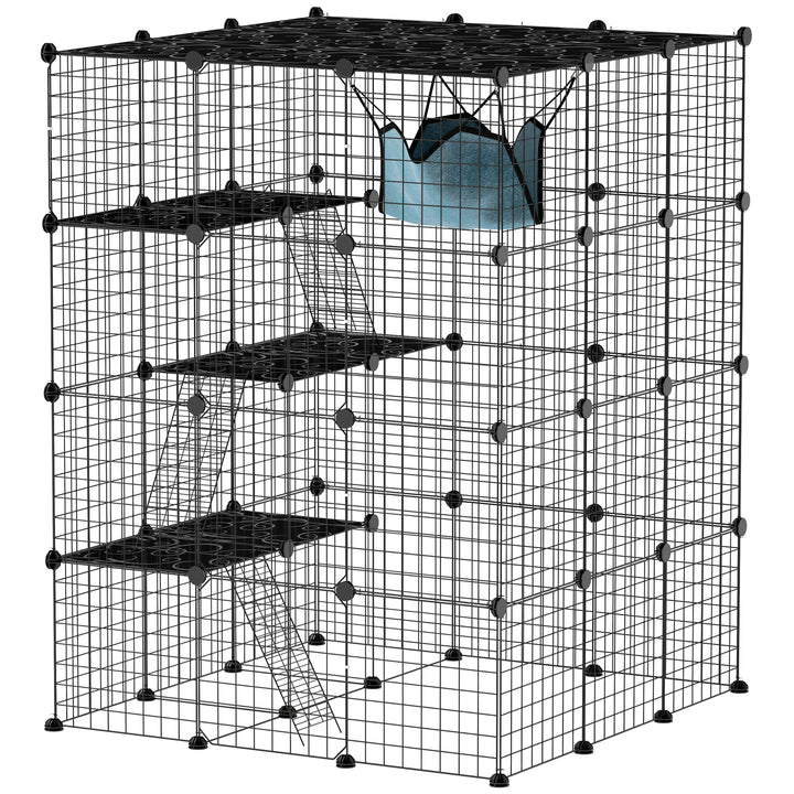 Gaiola Grande para Gatos de Interior Recinto para Gatos de 4 Níveis com 5 Portas 3 Plataformas de Salto 3 Rampas Rede, Parque para Animais 105x105x140 cm Preto