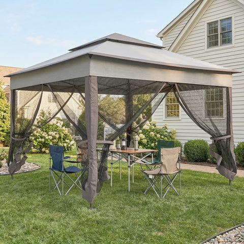 Tenda Dobrável Exterior 325x325x270 cm Tenda de Jardim com Teto Duplo Rede Mosquiteira Amovível e Bolsa de Transporte para Jardim Pátio Cinza
