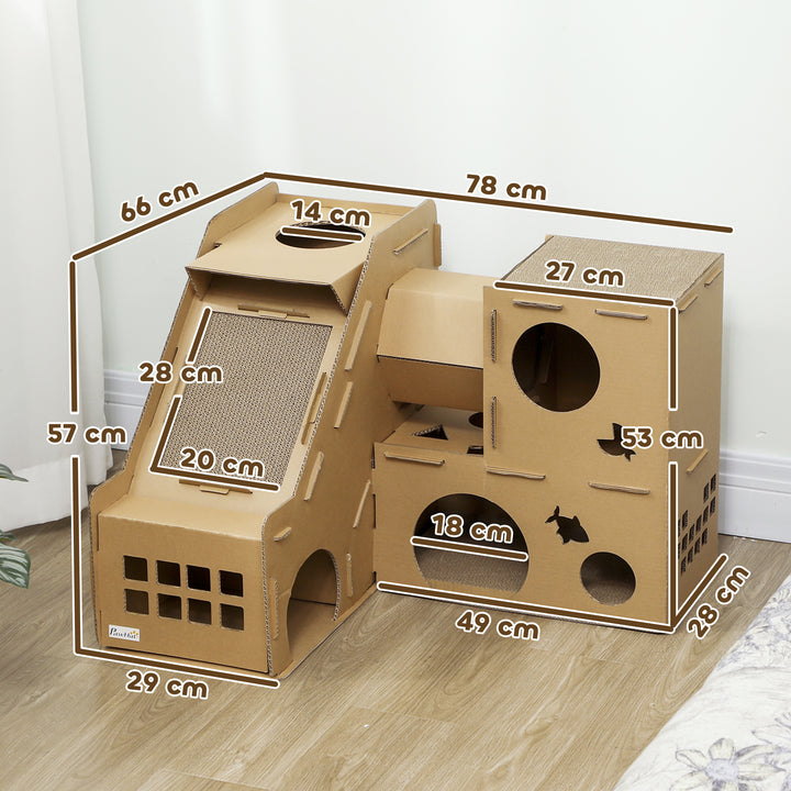 Casa para Gatos de Cartão Forma de Castelo Arranhador para Gatos de 2 Níveis com 3 Zonas de Arranhar Túnel, Rampa Inclui Erva para Interior 78x66x57 cm Castanho