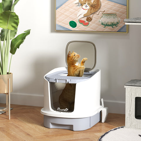 Caixa de Areia para Gatos Fechada Caixa de Areia para Gatos com Entrada Frontal Saída Superior Tampa Amovível Bandeja e Pá 40,5x52,5x42,5 cm Branco e Cinza