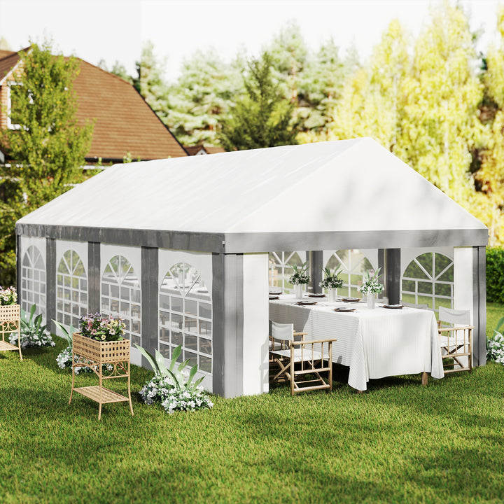 Tenda para Festa 4x8 m Tenda de Jardim com Paredes Laterais Removíveis Portas e Janelas, Impermeável Anti-UV Tenda para Casamentos Eventos e Exterior Cinzento e Branco