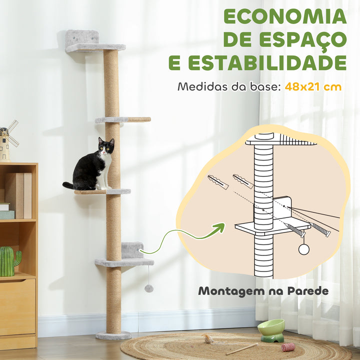 Arranhador para Gatos de Parede de 5 Níveis Estreito com Bola de Brinquedo e Arranhadores de Sisal 48x21x180 cm Cinza Claro