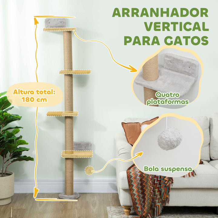 Arranhador para Gatos de Parede de 5 Níveis Estreito com Bola de Brinquedo e Arranhadores de Sisal 48x21x180 cm Cinza Claro