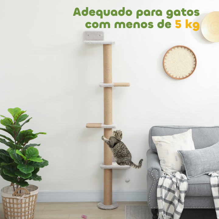 Arranhador para Gatos de Parede de 5 Níveis Estreito com Bola de Brinquedo e Arranhadores de Sisal 48x21x180 cm Cinza Claro
