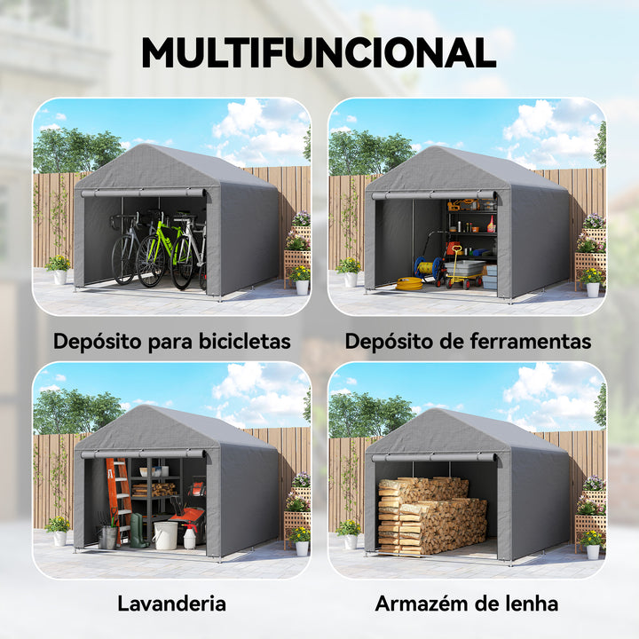 Tenda de Jardim Exterior para Ferramentas e Bicicletas 2,4x2x2 m Abrigo Exterior com Estrutura de Metal Galvanizado Porta Enrolável com Fecho Impermeável UV30+ Garagem Portátil Cinzento