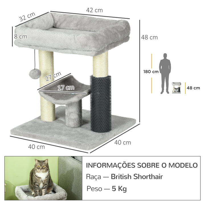 Arranhador para Gatos Arranhador Pequeno para Gatos Altura 48 cm com 2 Postes de Arranhar Cama Plataforma em U e Escova Bola Suspensa 40x40x48 cm Cinza