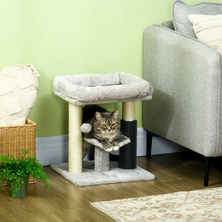 Arranhador para Gatos Arranhador Pequeno para Gatos Altura 48 cm com 2 Postes de Arranhar Cama Plataforma em U e Escova Bola Suspensa 40x40x48 cm Cinza