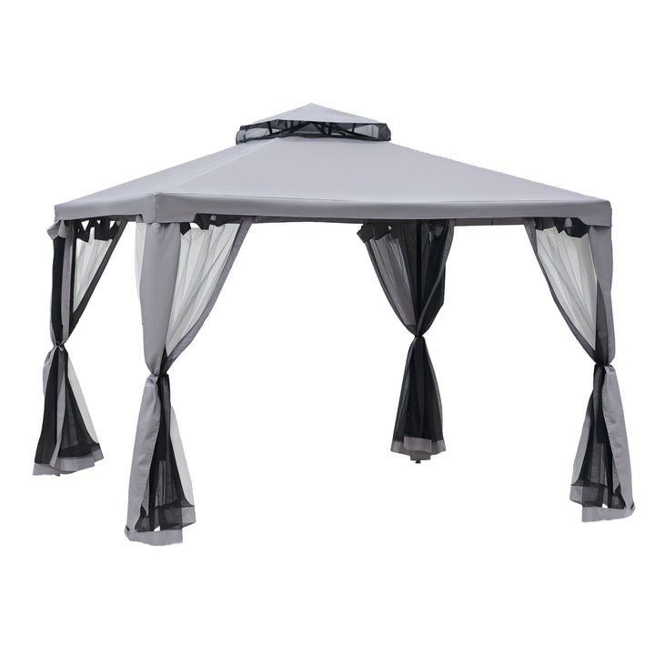 Pérgola de Jardim 294x294x265cm Pérgola de Exterior com Duplo Teto de Ventilação 8 Orifícios de Drenagem e 4 Telas Mosquiteiras com Fecho de Correr para Festas Pátio Cinza