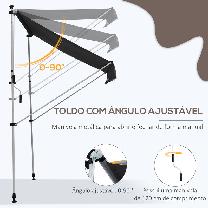 Toldo Manual Retrátil 200x150 cm com Manivela de Alumínio Ângulo Ajustável Proteção Solar para Varanda Jardim Pátio Cinza