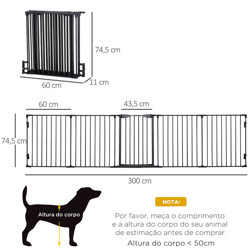 Barreira de Segurança para Animais de Estimação Barreira Dobrável de 5 Painéis com Fechadura Inteligente para Corredor Escada 300x74,5 cm Preto