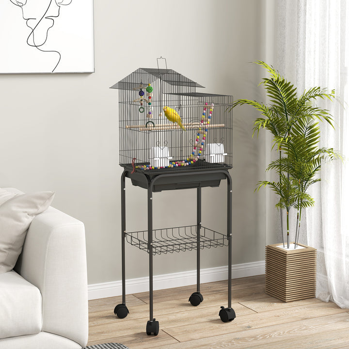 Gaiola para Passáros Gaiola de Metal com Múltiplas Portas 4 Comedouros 3 Poleiros Baloiço Escadas e Bandeja Removível para Periquitos Canários 46x36x120 cm Preto
