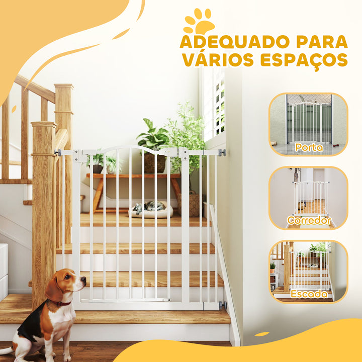 Barreira de Segurança para Cães Barreira com Largura Ajustável 74-87 cm Barreira para Cães com Extensões para Escadas e Portas Branco