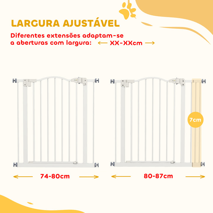 Barreira de Segurança para Cães Barreira com Largura Ajustável 74-87 cm Barreira para Cães com Extensões para Escadas e Portas Branco
