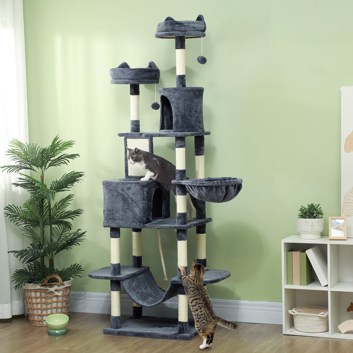 Arranhador para Gatos Grande Arranhador para Gatos Torre para Gatos com Plataformas Caverna Bolas Suspensa e Rede 60x50x206 cm Cinza Escuro