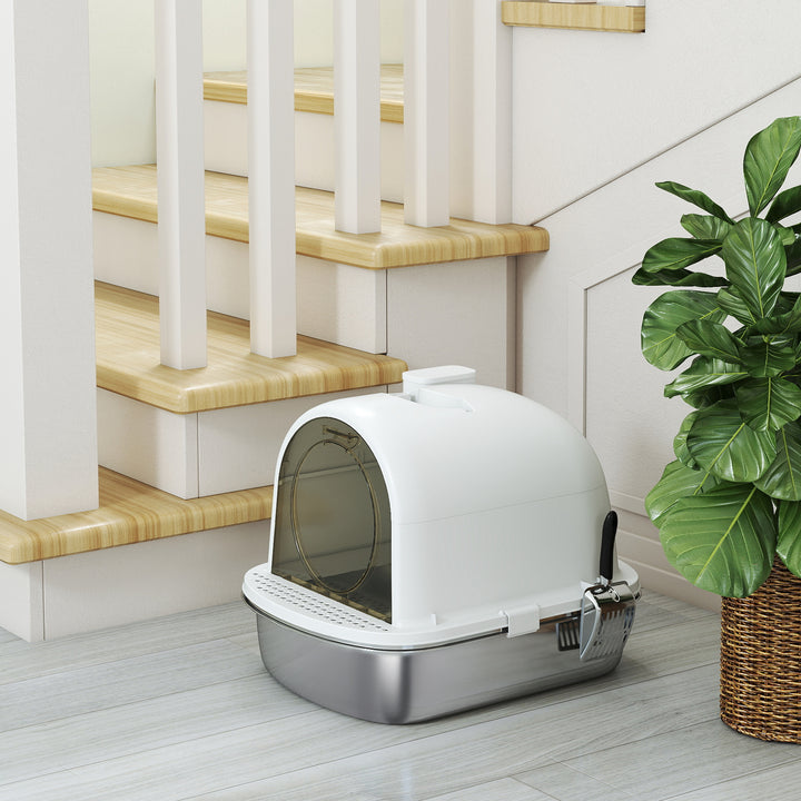 Caixa de Areia para Gatos em Aço Inoxidável com Tampa Caixa de Areia com Bolsa Desodorizante e Pá Fácil de Limpar 52,4x41,3x39,9 cm Branco