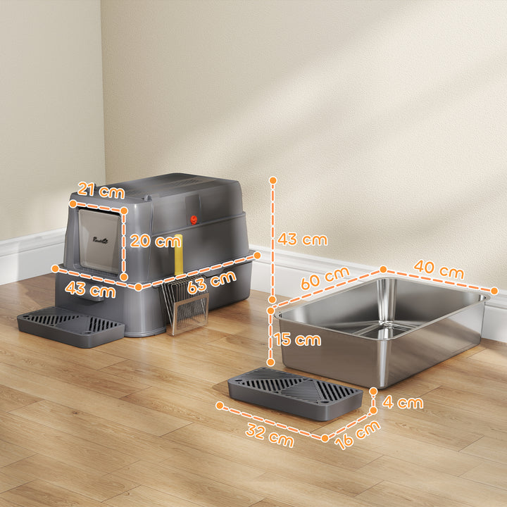 Caixa de Areia para Gatos de Aço Inoxidável XL com Tampa Articulada 180° Laterais Altas Pedal Pá Sem Odores Fácil de Limpar,Antiderrapante 63x43x43 cm Cinzento Escuro