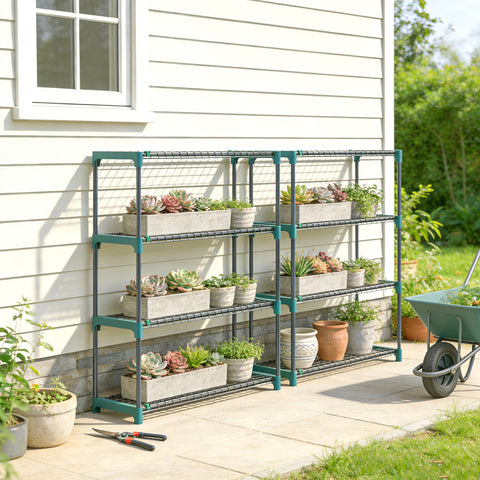 Conjunto de 2 Suportes para Plantas de 4 Níveis para Interior e Exterior, Prateleiras de Aço com Conectores para Montagem Fácil, Estantes para Vasos, Jardim, Varanda, Verde