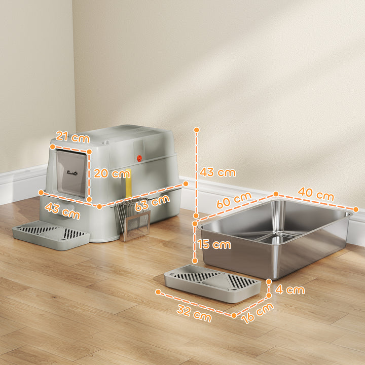 Caixa de Areia para Gatos de Aço Inoxidável XL com Tampa Articulada 180° Laterais Altas Pedal Pá Sem Odores Fácil de Limpar,Antiderrapante 63x43x43 cm Cinza Claro