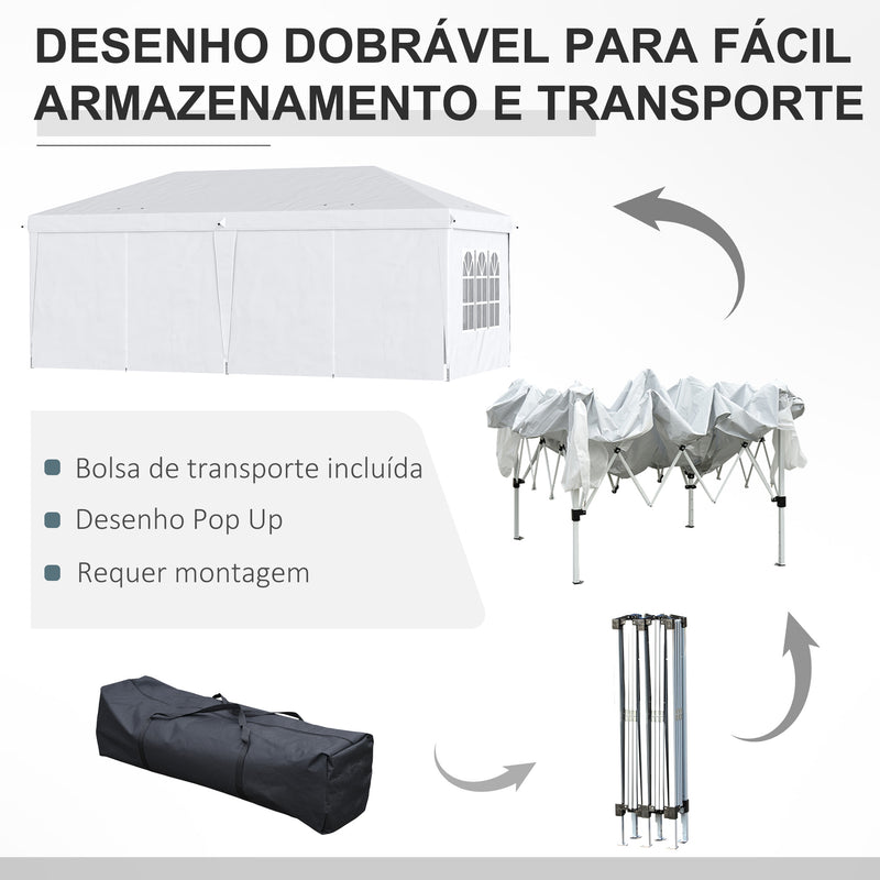 Tenda para Festas 585x295x270 cm com Paredes Laterais Amovíveis Tenda Dobrável com 2 Portas com Fecho de Correr 4 Janelas e Bolsa de Transporte Branco