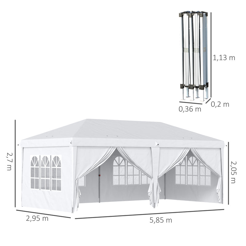 Tenda para Festas 585x295x270 cm com Paredes Laterais Amovíveis Tenda Dobrável com 2 Portas com Fecho de Correr 4 Janelas e Bolsa de Transporte Branco