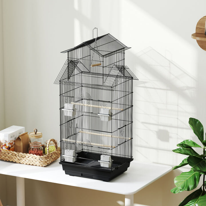 Gaiola de Metal para Pássaros com Bandeja Amovível Gaiola para Canários com 4 Comedouros 3 Poleiros e 1 Baloiço para Periquitos 50,5x41x104 cm Preto