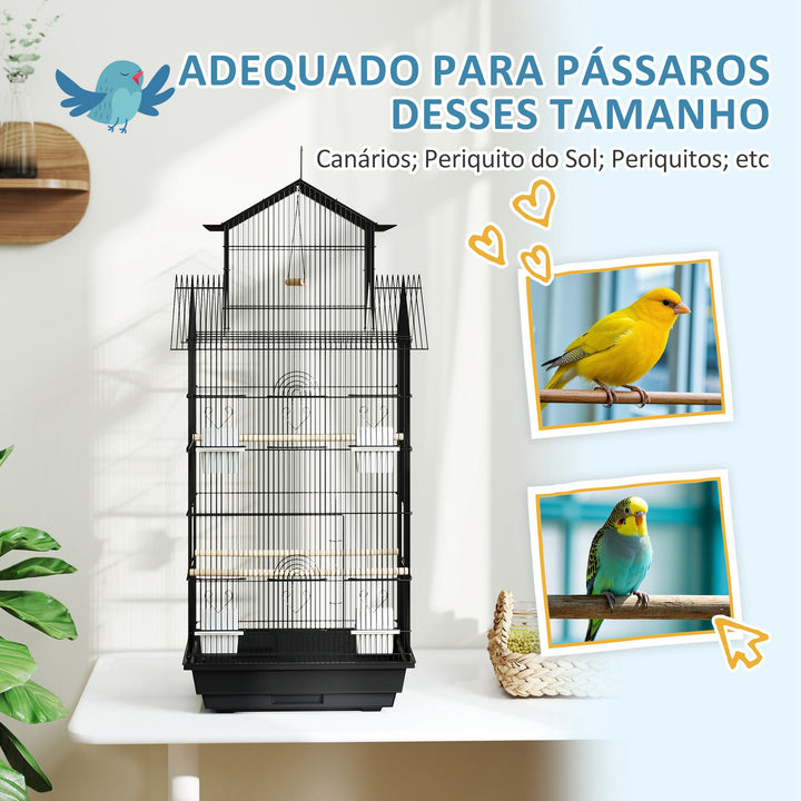Gaiola de Metal para Pássaros com Bandeja Amovível Gaiola para Canários com 4 Comedouros 3 Poleiros e 1 Baloiço para Periquitos 50,5x41x104 cm Preto