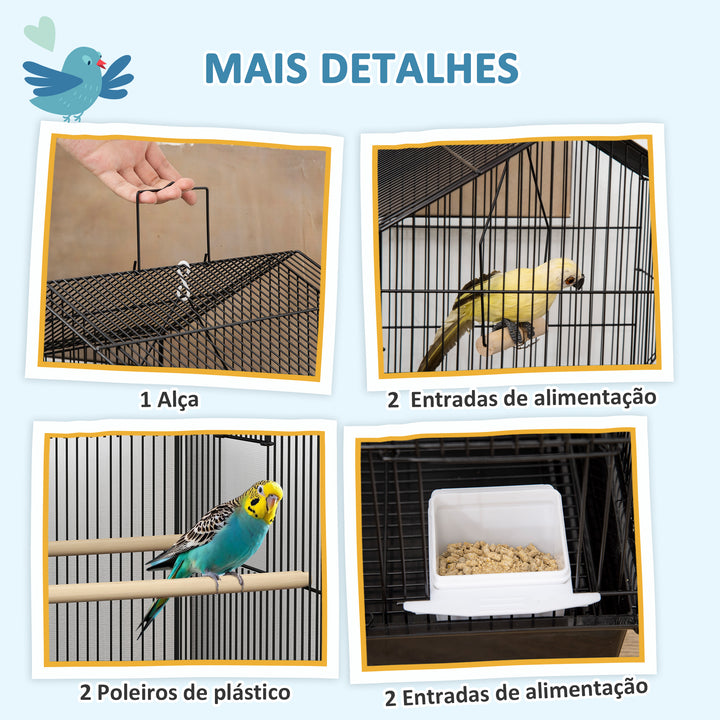 Gaiola de Metal para Pássaros com Bandeja Amovível Gaiola para Canários com 4 Comedouros 3 Poleiros e 1 Baloiço para Periquitos 50,5x41x104 cm Preto