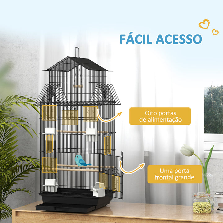 Gaiola de Metal para Pássaros com Bandeja Amovível Gaiola para Canários com 4 Comedouros 3 Poleiros e 1 Baloiço para Periquitos 50,5x41x104 cm Preto