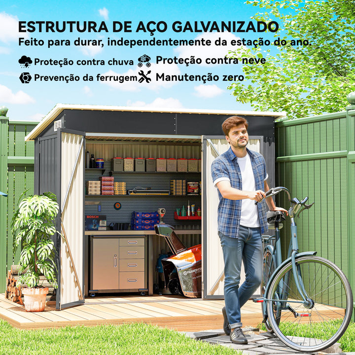 Abrigo de Jardim 2,7 m² 234x132x185 cm Abrigo de Exterior Metálico com Três Portas Fechadura Telhado Inclinado e Ventilação para Armazenamento de Ferramentas Cinzento